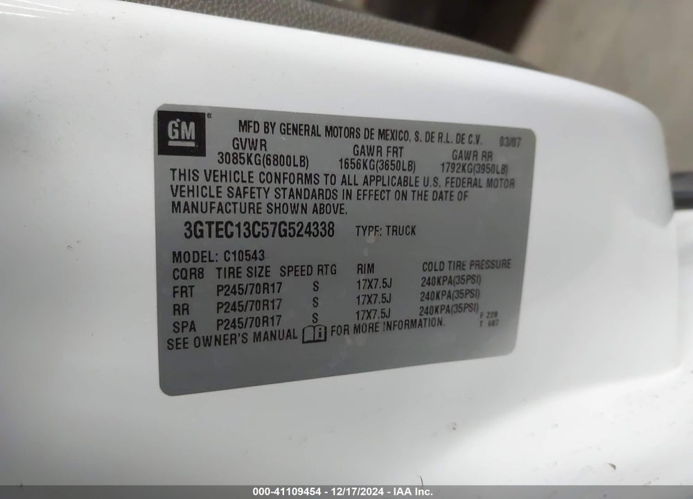 2007 GMC SIERRA 1500 WORK TRUCK VIN: 3GTEC13C57G524338