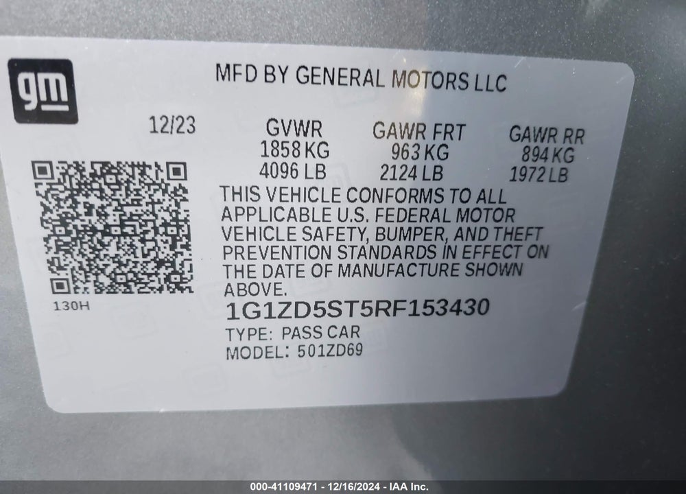 2024 CHEVROLET MALIBU FWD 1LT VIN: 1G1ZD5ST5RF153430