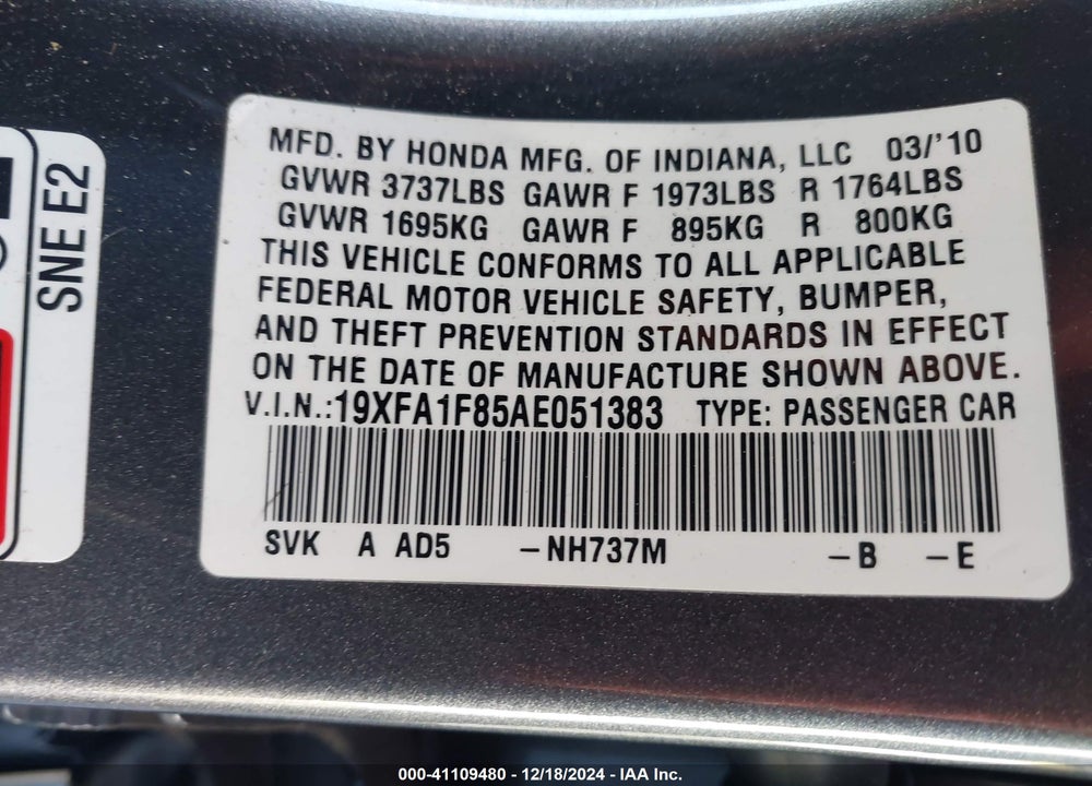 2010 HONDA CIVIC EX VIN: 19XFA1F85AE051383