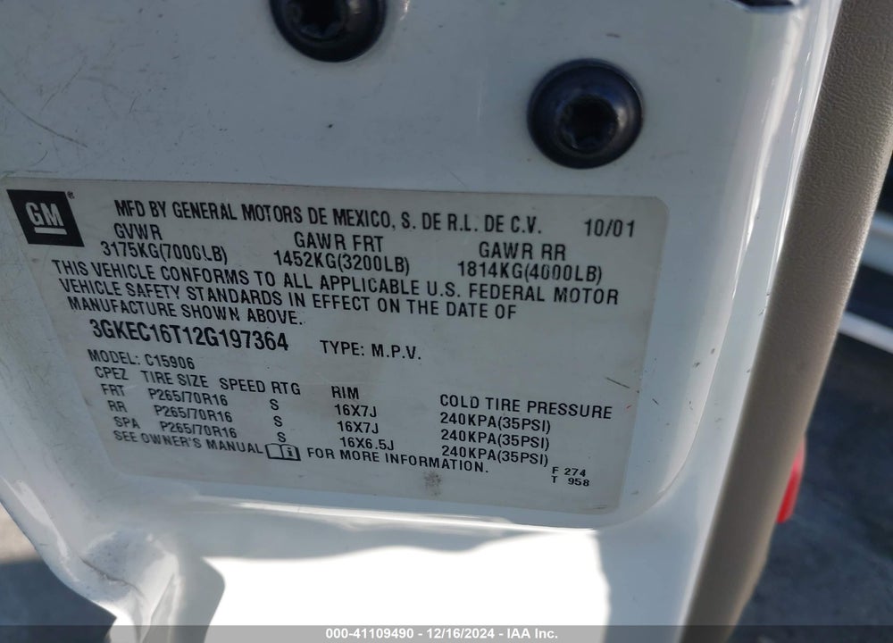 2002 GMC YUKON XL 1500 SLT VIN: 3GKEC16T12G197364