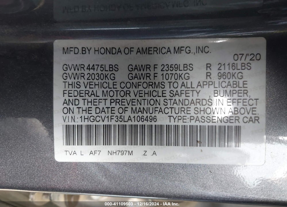 2020 HONDA ACCORD VIN: 1HGCV1F35LA106496