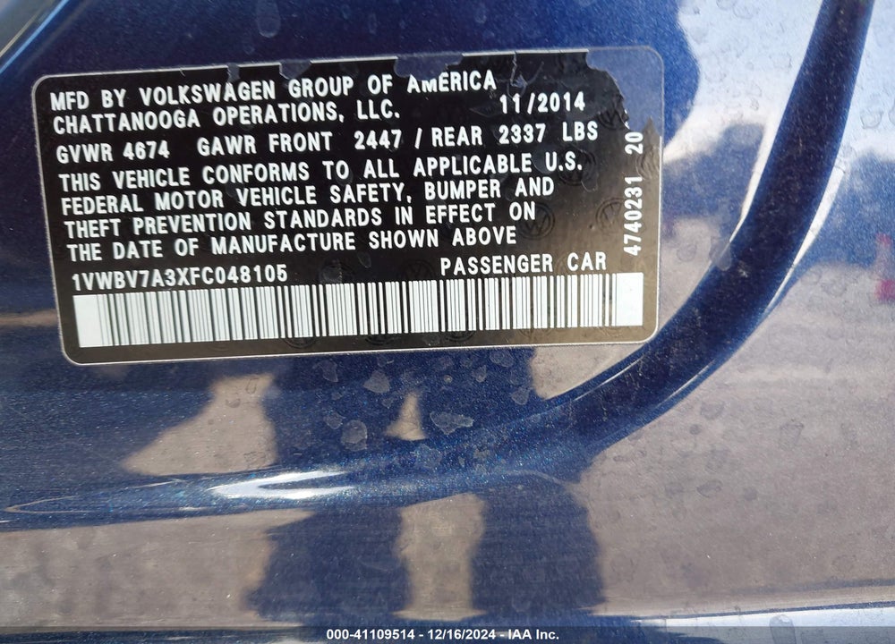 2015 VOLKSWAGEN PASSAT 2.0L TDI SE VIN: 1VWBV7A3XFC048105