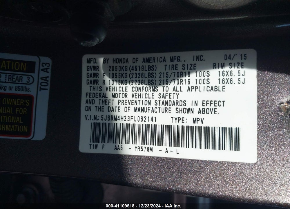 2015 HONDA CR-V LX VIN: 5J6RM4H33FL062141