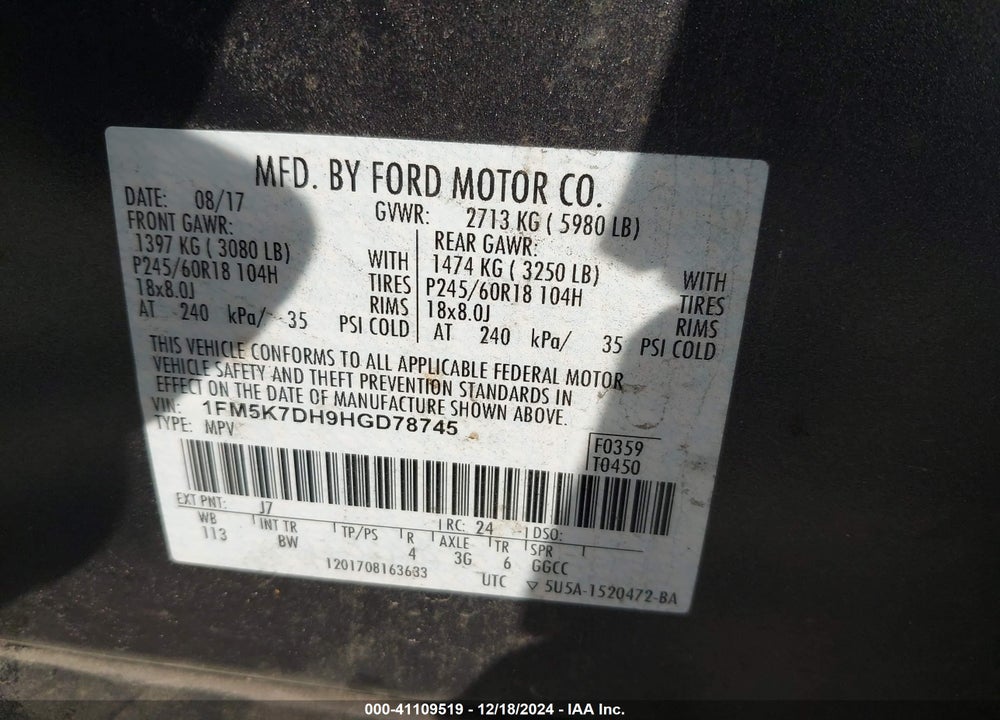 2017 FORD EXPLORER XLT VIN: 1FM5K7DH9HGD78745