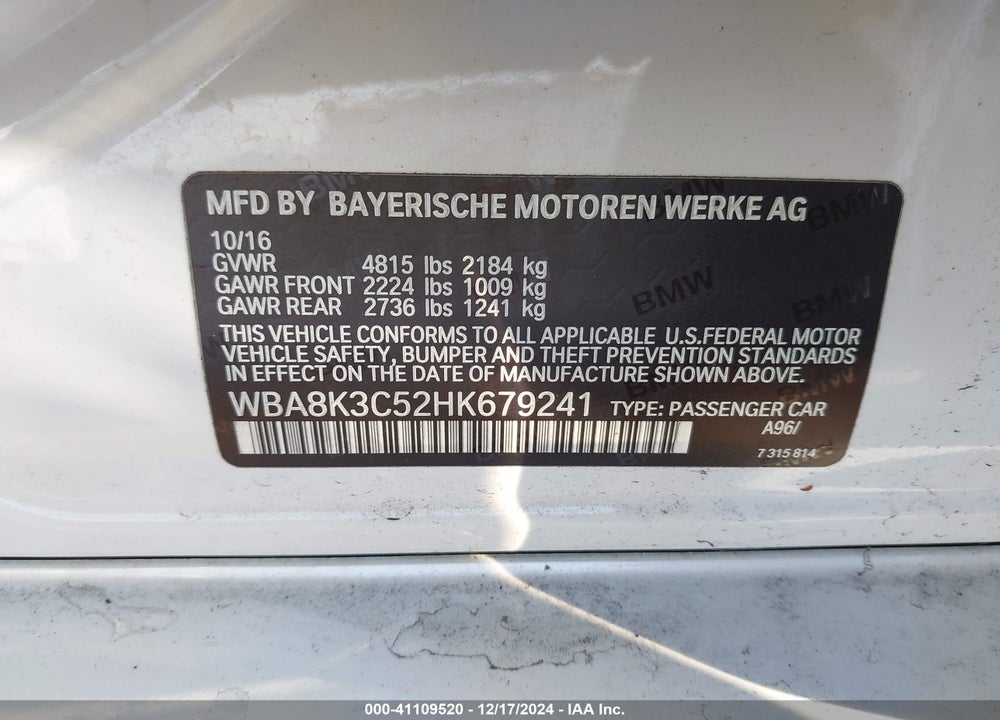 2017 BMW 330I XDRIVE VIN: WBA8K3C52HK679241