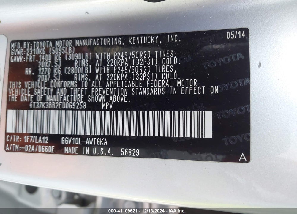 2014 TOYOTA VENZA XLE V6 VIN: 4T3ZK3BB2EU069258