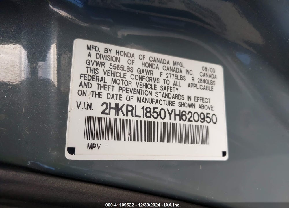 2000 HONDA ODYSSEY LX VIN: 2HKRL1850YH620950