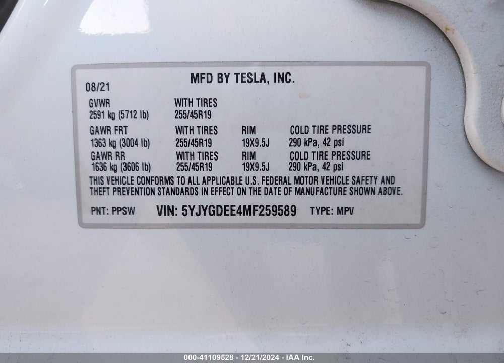 2021 TESLA MODEL Y LONG RANGE DUAL MOTOR ALL-WHEEL DRIVE VIN: 5YJYGDEE4MF259589