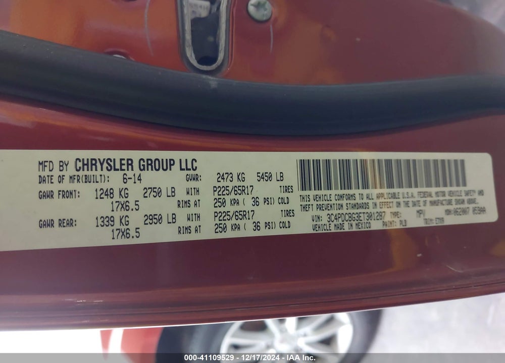 2014 DODGE JOURNEY SXT VIN: 3C4PDCBG3ET301287