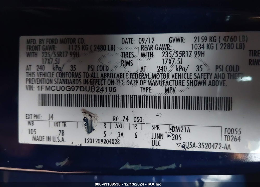 2013 FORD ESCAPE SE VIN: 1FMCU0G97DUB24105