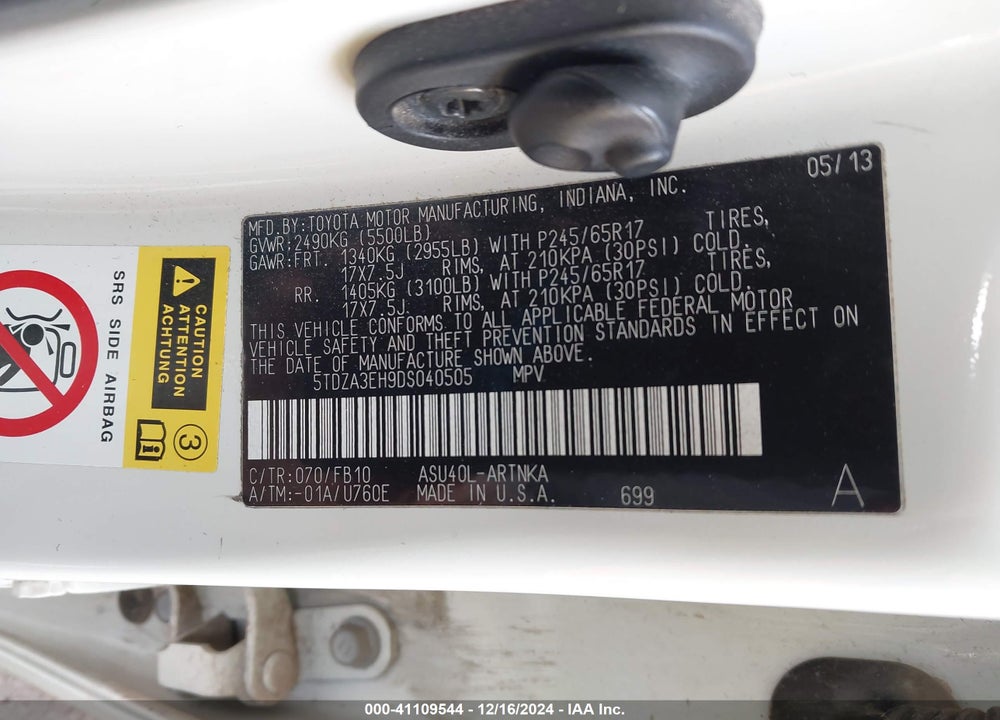 2013 TOYOTA HIGHLANDER VIN: 5TDZA3EH9DS040505