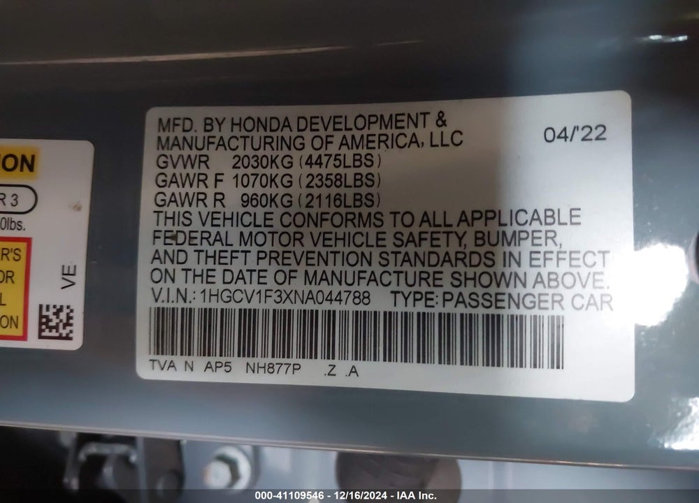 2022 HONDA ACCORD SPORT VIN: 1HGCV1F3XNA044788