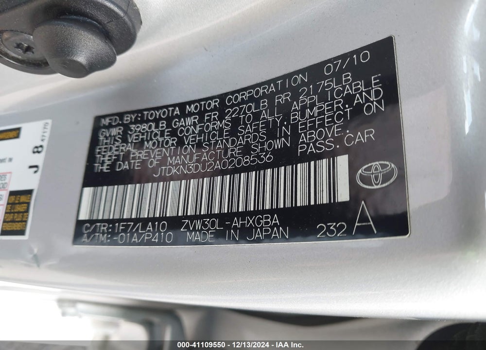 2010 TOYOTA PRIUS VIN: JTDKN3DU2A0208536