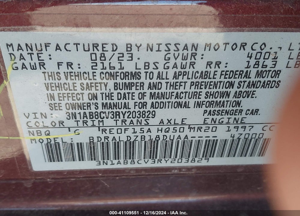 2024 NISSAN SENTRA SV XTRONIC CVT VIN: 3N1AB8CV3RY203829