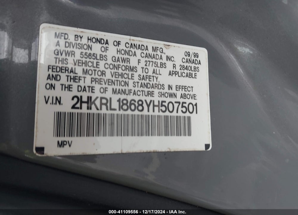 2000 HONDA ODYSSEY EX VIN: 2HKRL1868YH507501