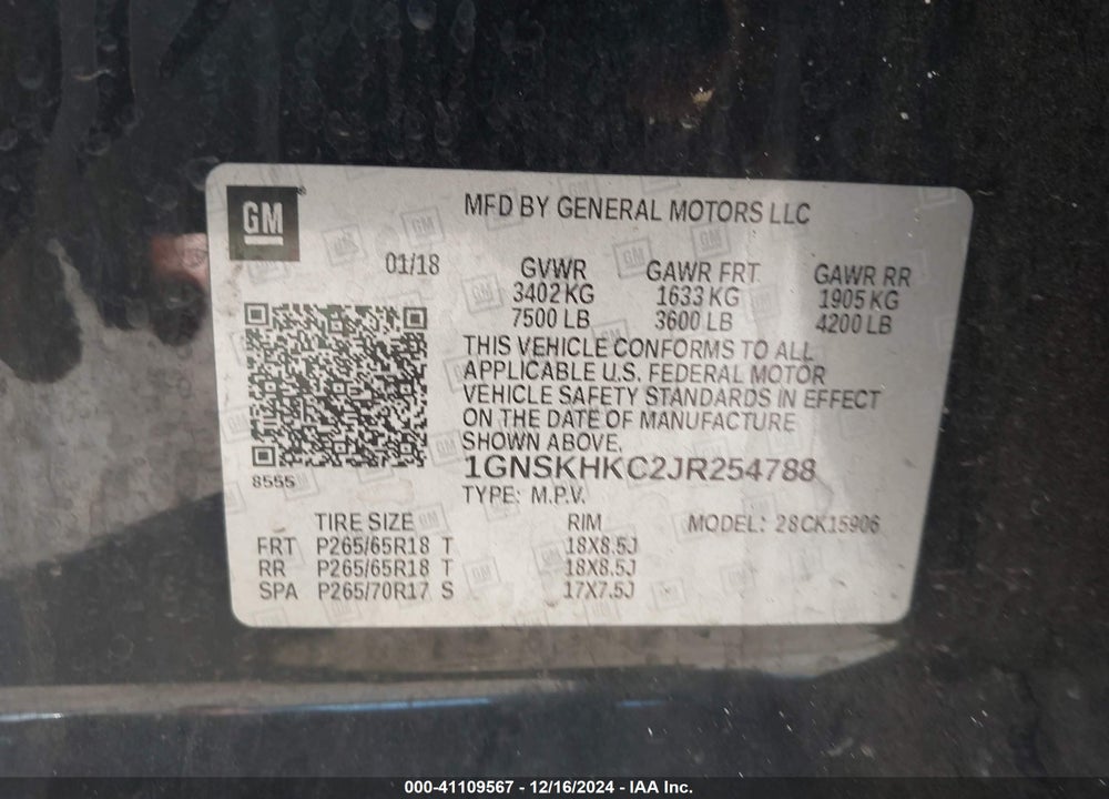 2018 CHEVROLET SUBURBAN LT VIN: 1GNSKHKC2JR254788