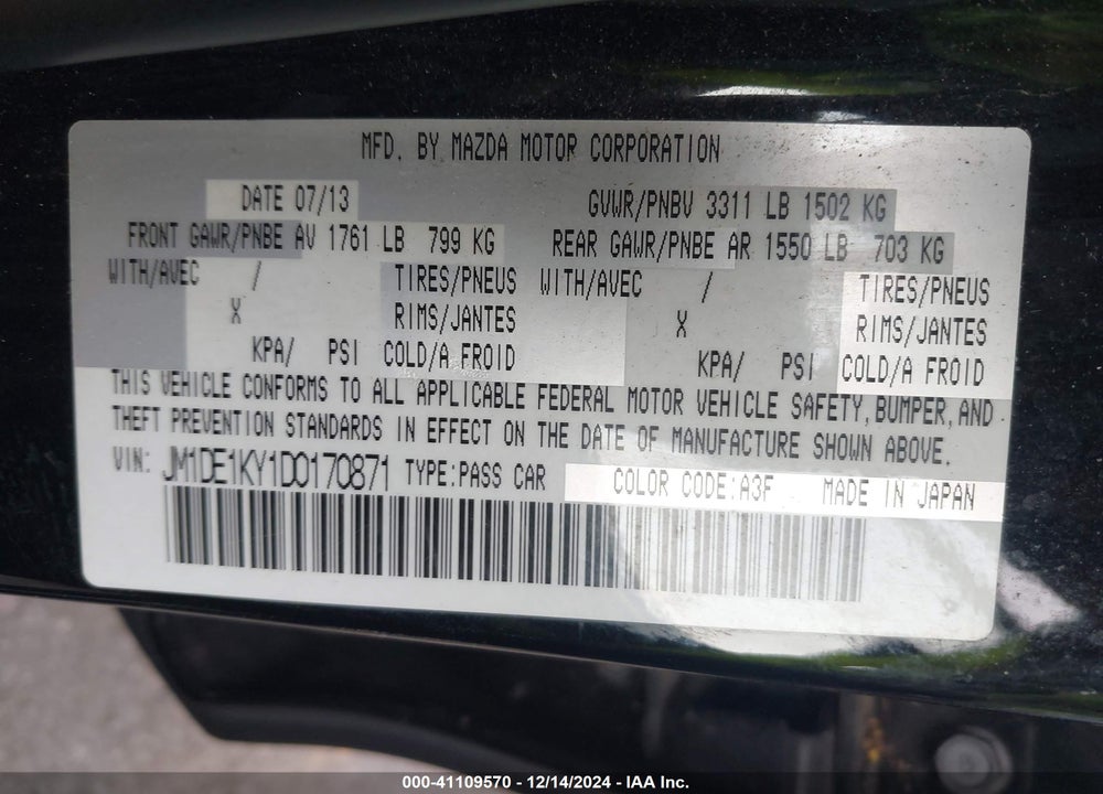2013 MAZDA 2 SPORT VIN: JM1DE1KY1D0170871