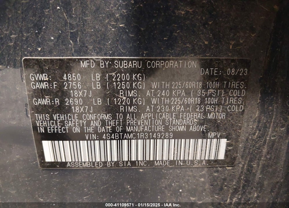 2024 SUBARU OUTBACK VIN: 4S4BTAMC1R3149289