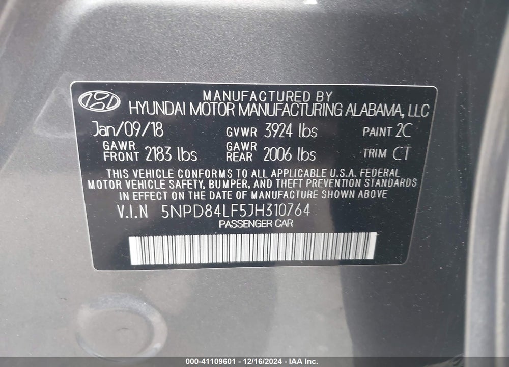 2018 HYUNDAI ELANTRA VIN: 5NPD84LF5JH310764