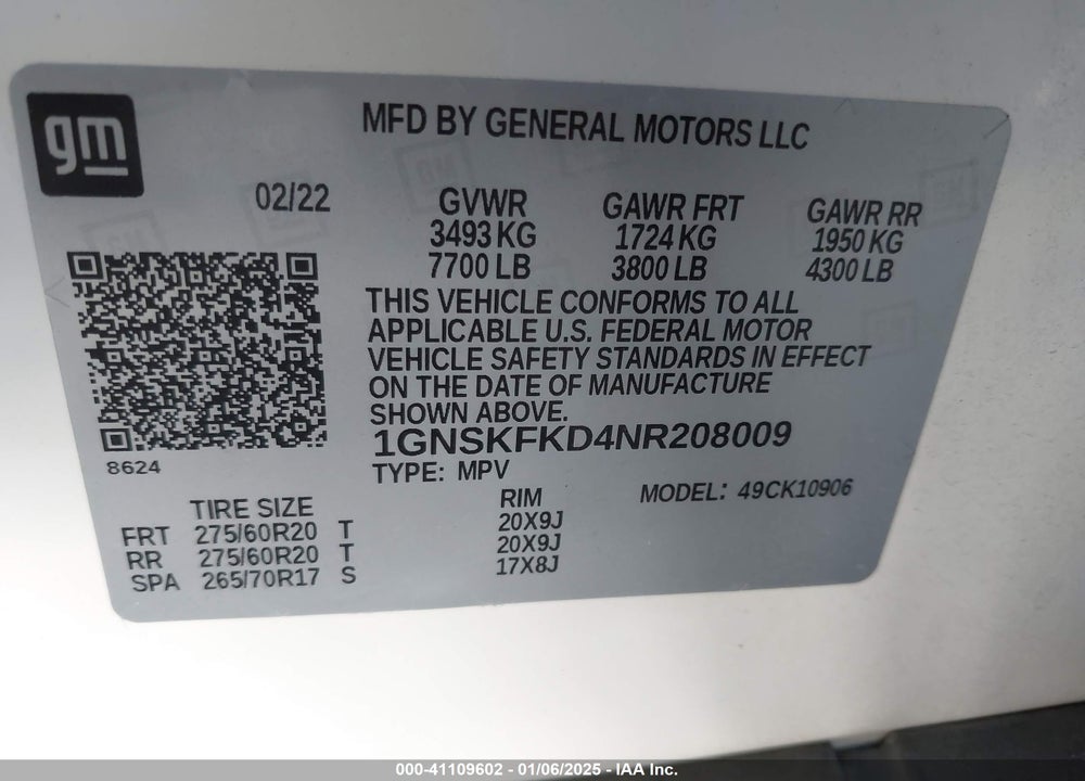 2022 CHEVROLET SUBURBAN 4WD PREMIER VIN: 1GNSKFKD4NR208009