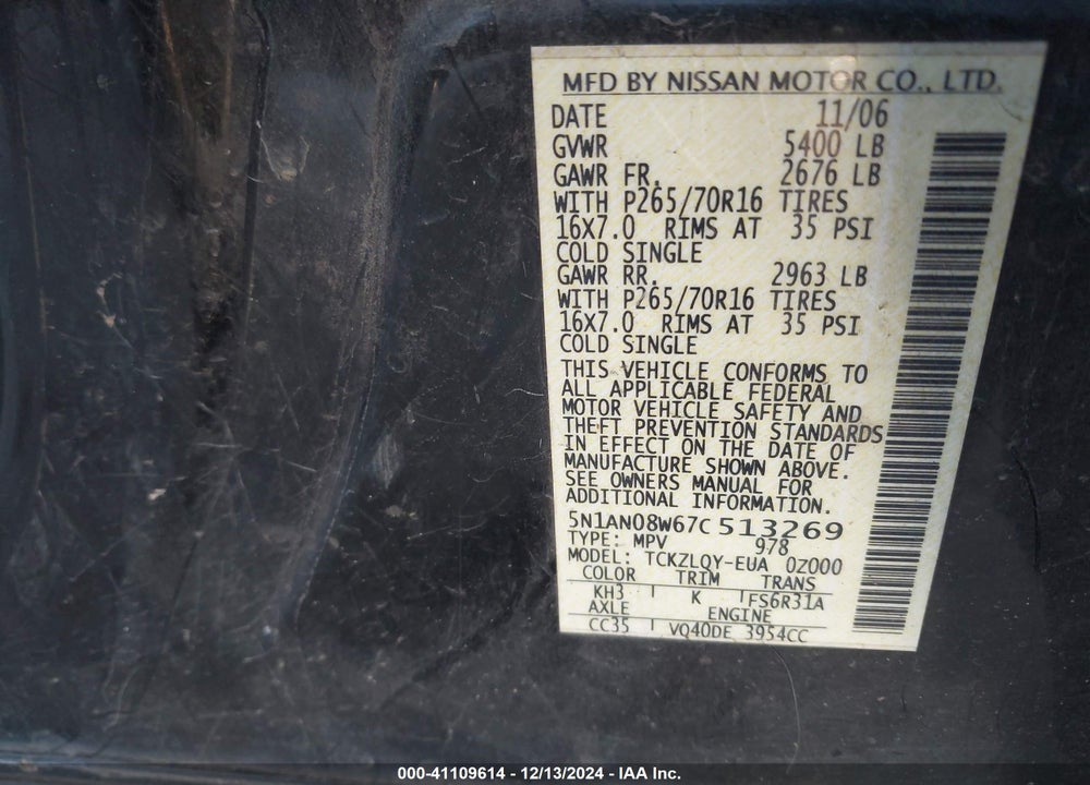 2007 NISSAN XTERRA X VIN: 5N1AN08W67C513269
