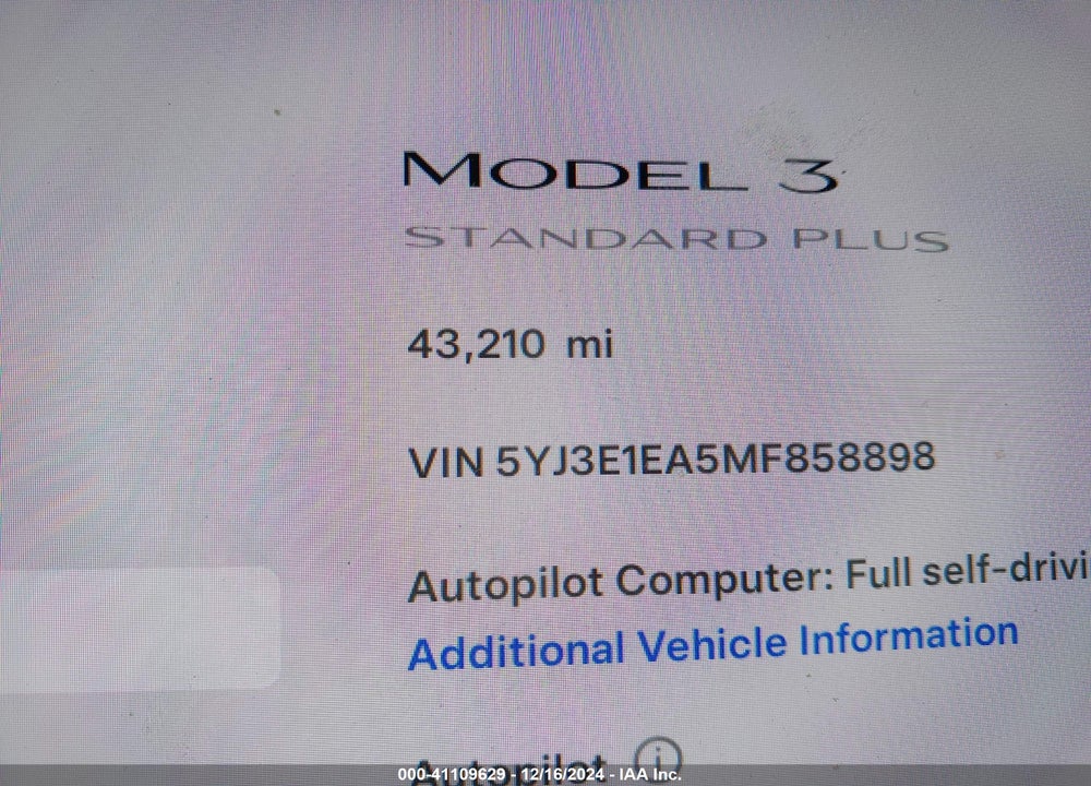 2021 TESLA MODEL 3 STANDARD RANGE PLUS REAR-WHEEL DRIVE VIN: 5YJ3E1EA5MF858898