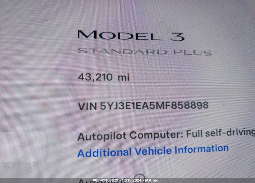 2021 TESLA MODEL 3 STANDARD RANGE PLUS REAR-WHEEL DRIVE VIN: 5YJ3E1EA5MF858898