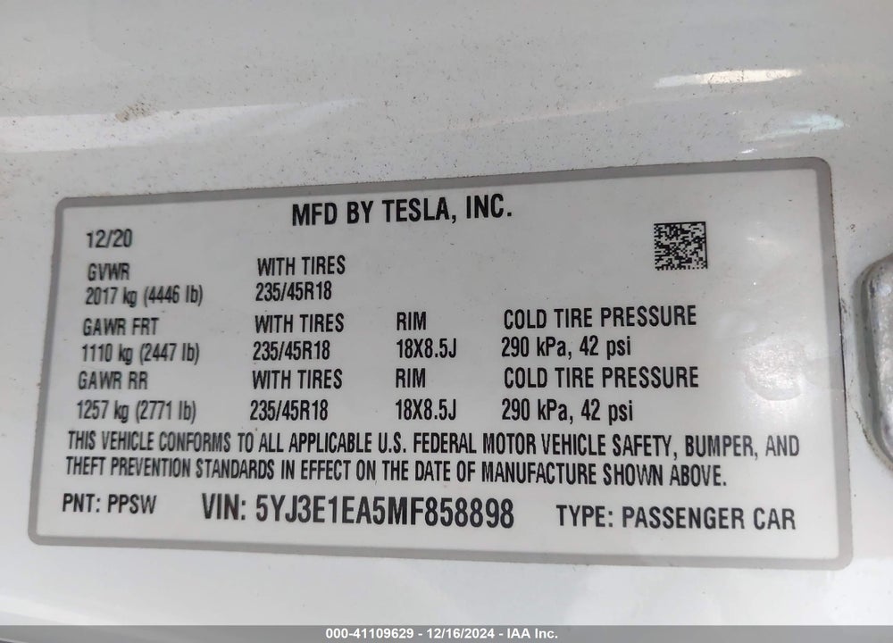 2021 TESLA MODEL 3 STANDARD RANGE PLUS REAR-WHEEL DRIVE VIN: 5YJ3E1EA5MF858898