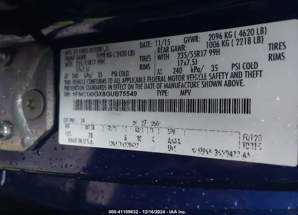 2016 FORD ESCAPE SE VIN: 1FMCU0GX8GUB75549