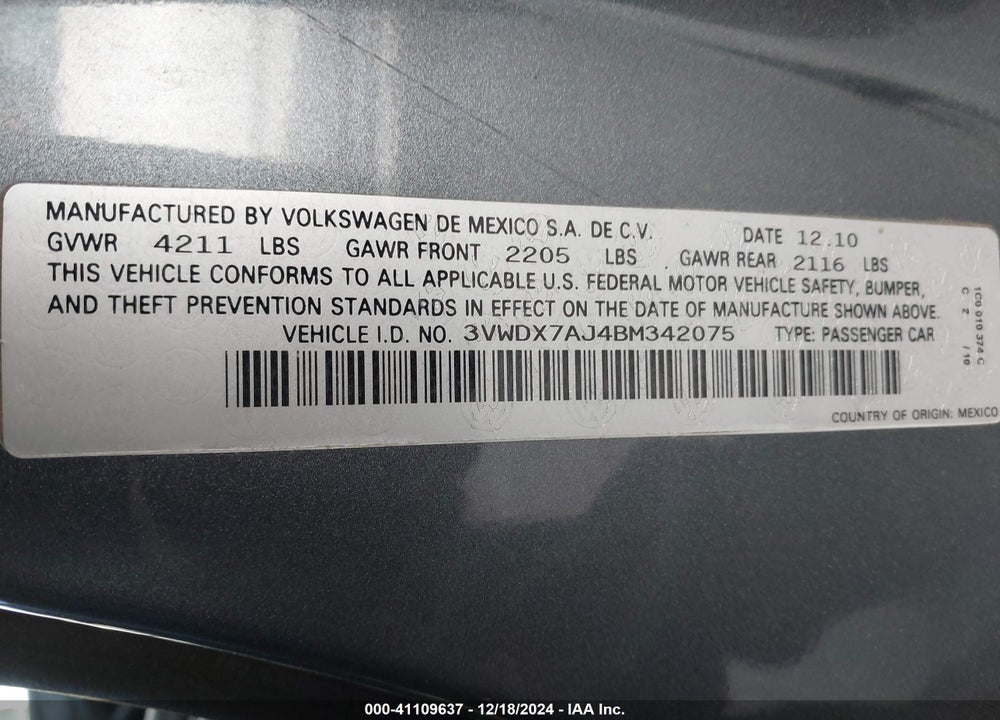 2011 VOLKSWAGEN JETTA VIN: 3VWDX7AJ4BM342075