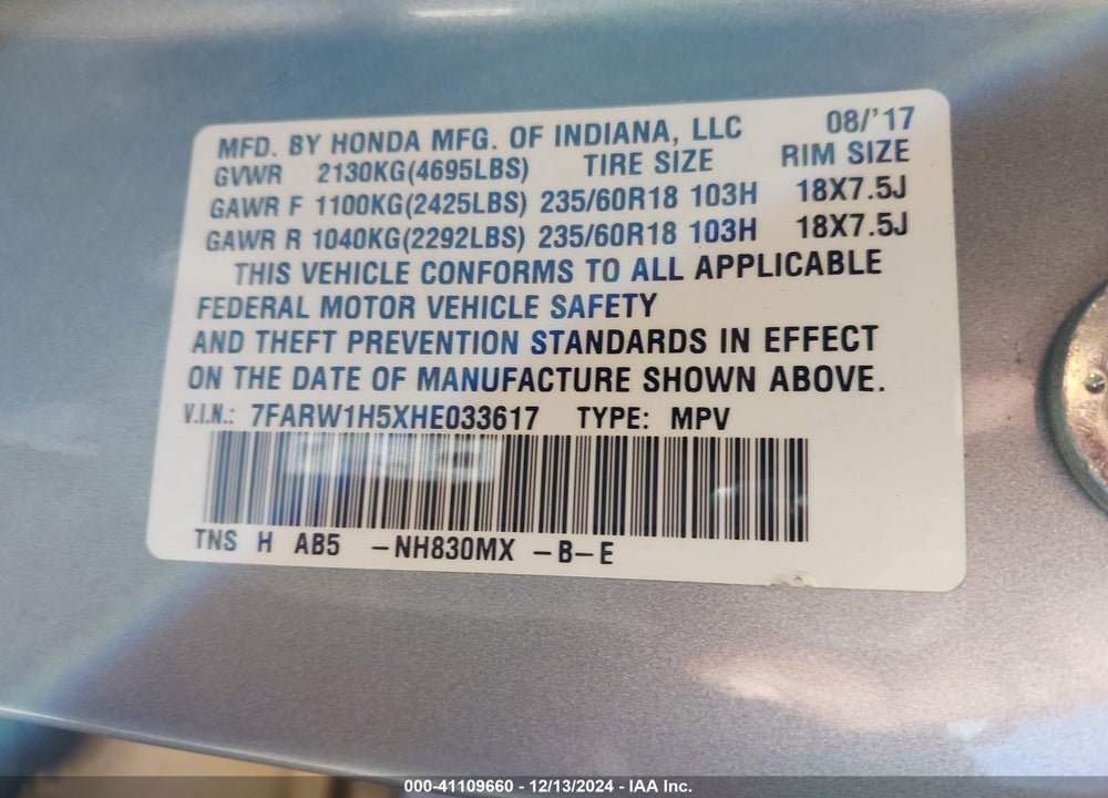 2017 HONDA CR-V EX VIN: 7FARW1H5XHE033617