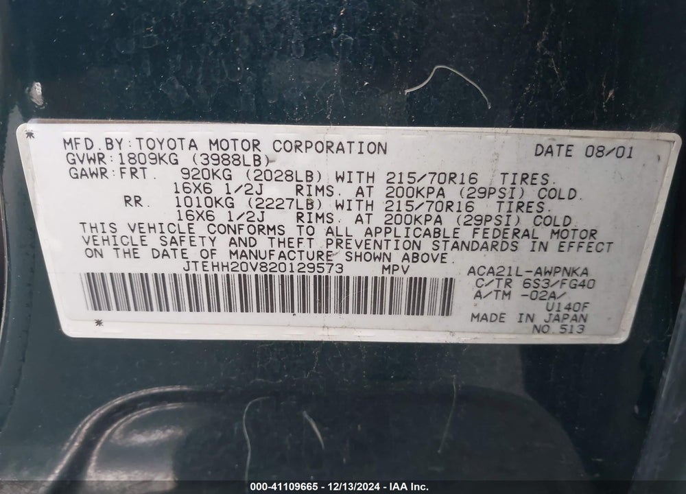 2002 TOYOTA RAV4 VIN: JTEHH20V820129573