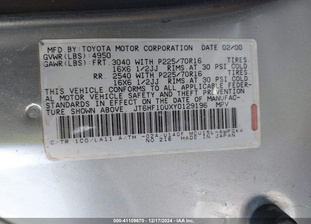 2000 LEXUS RX 300 VIN: JT6HF10UXY0129196