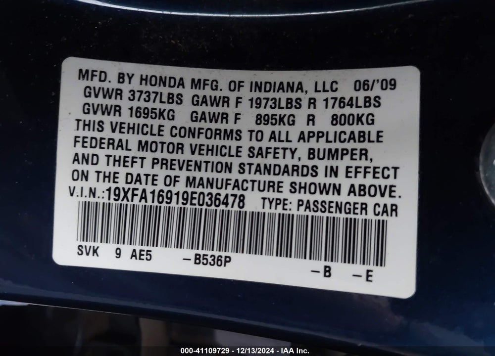 2009 HONDA CIVIC EX-L VIN: 19XFA16919E036478
