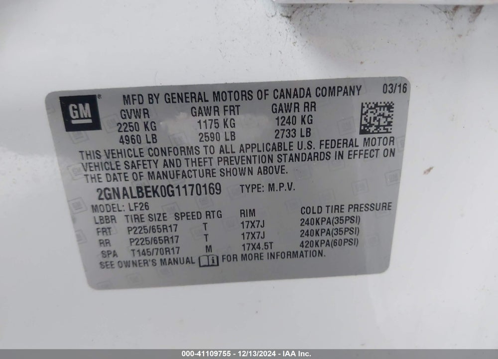 2016 CHEVROLET EQUINOX LS VIN: 2GNALBEK0G1170169