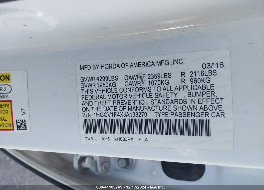 2018 HONDA ACCORD EX VIN: 1HGCV1F4XJA138270