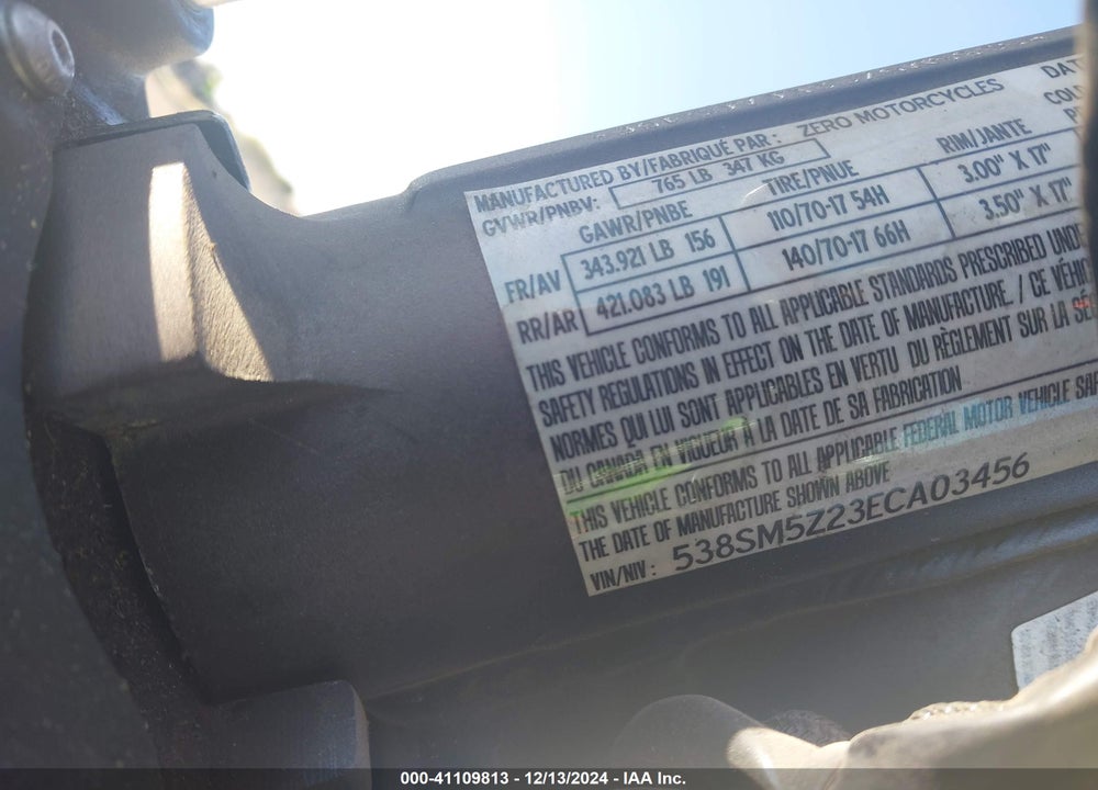 2014 ZERO MOTORCYCLES INC S 11.4 VIN: 538SM5Z23ECA03456