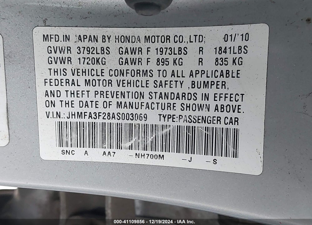 2010 HONDA CIVIC HYBRID VIN: JHMFA3F28AS003069