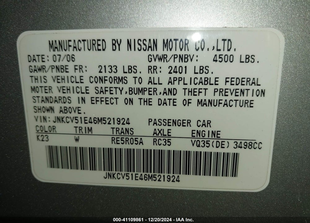 2006 INFINITI G35 VIN: JNKCV51E46M521924