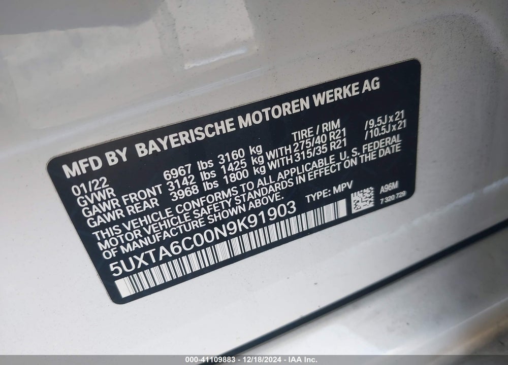 2022 BMW X5 PHEV XDRIVE45E VIN: 5UXTA6C00N9K91903