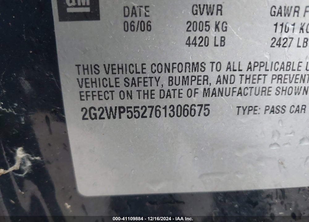 2006 PONTIAC GRAND PRIX VIN: 2G2WP552761306675