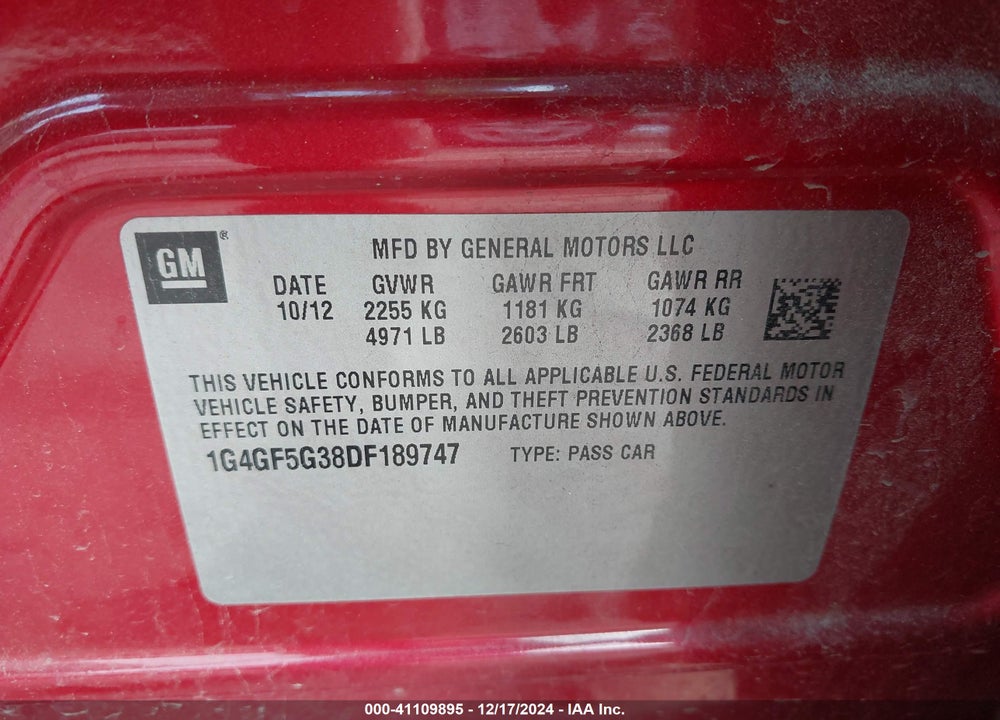 2013 BUICK LACROSSE PREMIUM 1 GROUP VIN: 1G4GF5G38DF189747