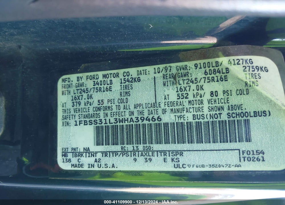 1998 FORD SUPER CLUB WAGON XL/XLT VIN: 1FBSS31L3WHA39466