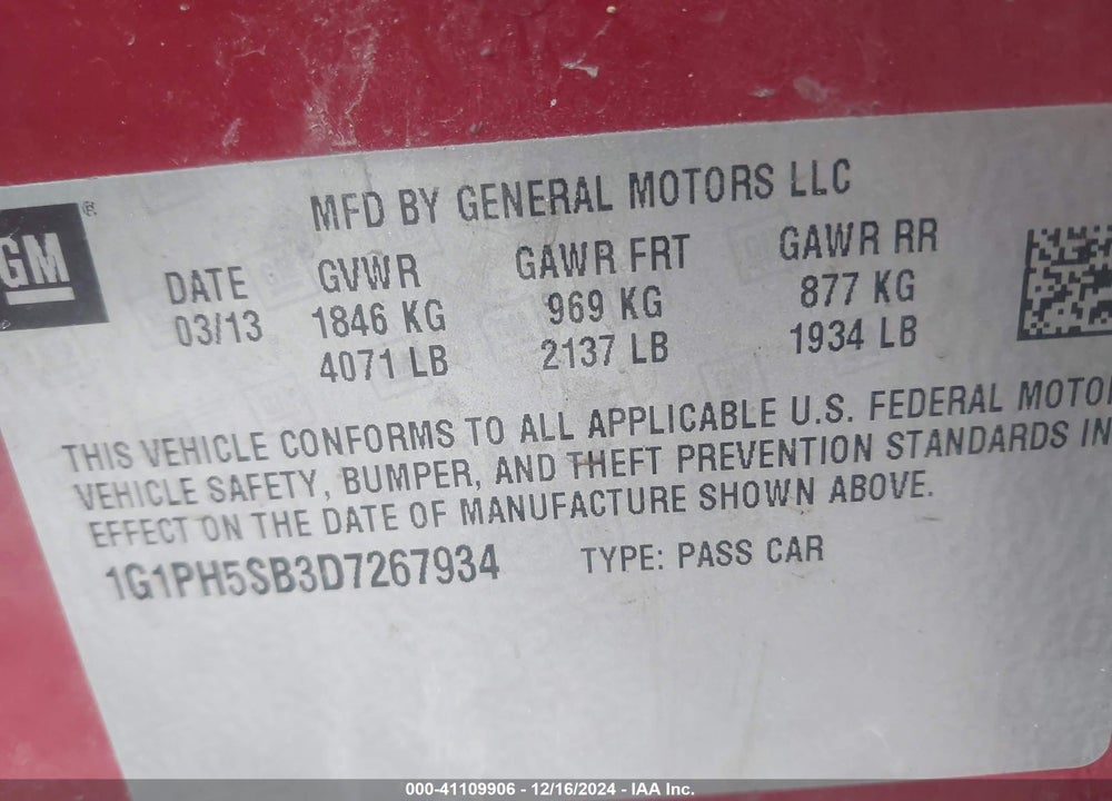 2013 CHEVROLET CRUZE VIN: 1G1PH5SB3D7267934