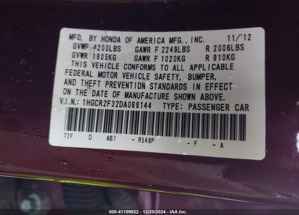 2013 HONDA ACCORD LX VIN: 1HGCR2F32DA069144