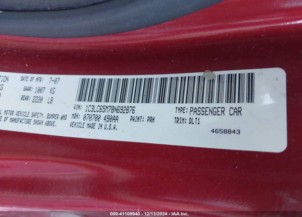 2008 CHRYSLER SEBRING LIMITED VIN: 1C3LC65M78N692876