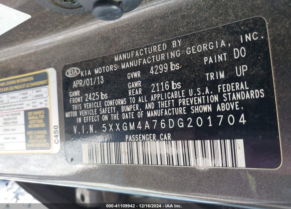 2013 KIA OPTIMA LX VIN: 5XXGM4A76DG201704