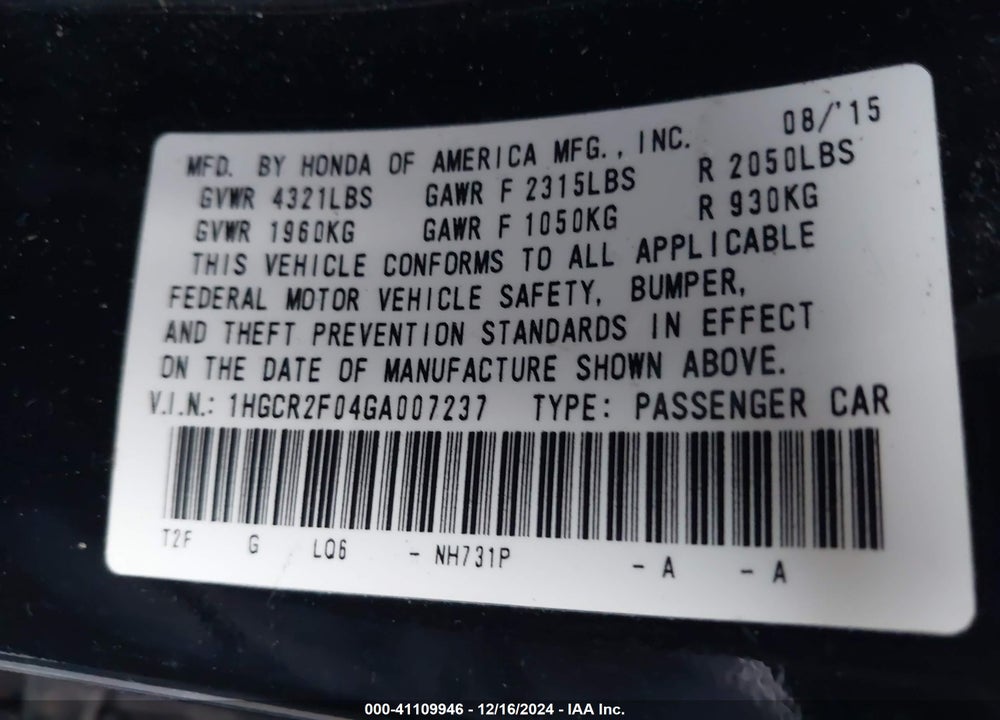 2016 HONDA ACCORD EX VIN: 1HGCR2F04GA007237