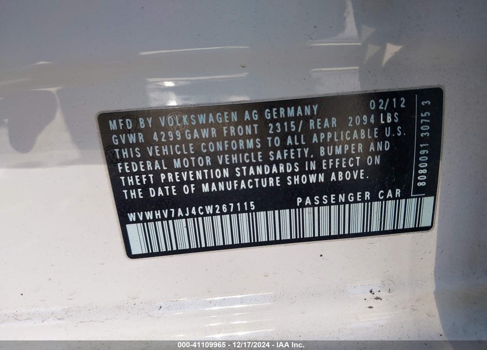 2012 VOLKSWAGEN GTI VIN: WVWHV7AJ4CW267115