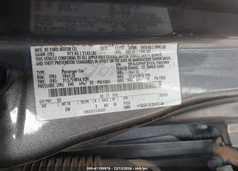 2013 FORD FOCUS SE VIN: 1FADP3F21DL190389